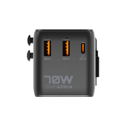 Front view of the ReelCharge 70W travel charger showing ports labeled USB-A1, USB-A2 and USB-C2