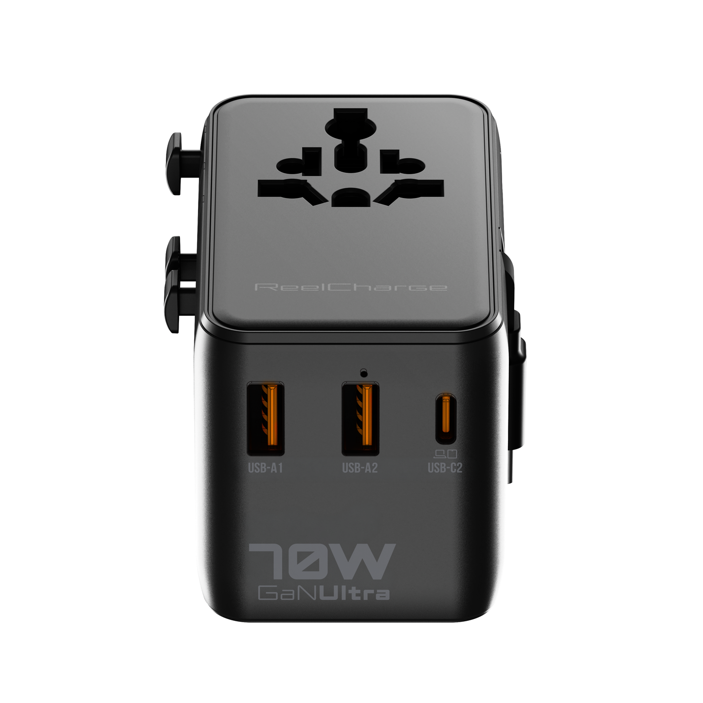Top-down view of the ReelCharge 70W travel adapter showing the universal socket, two USB-A and one USB-C port