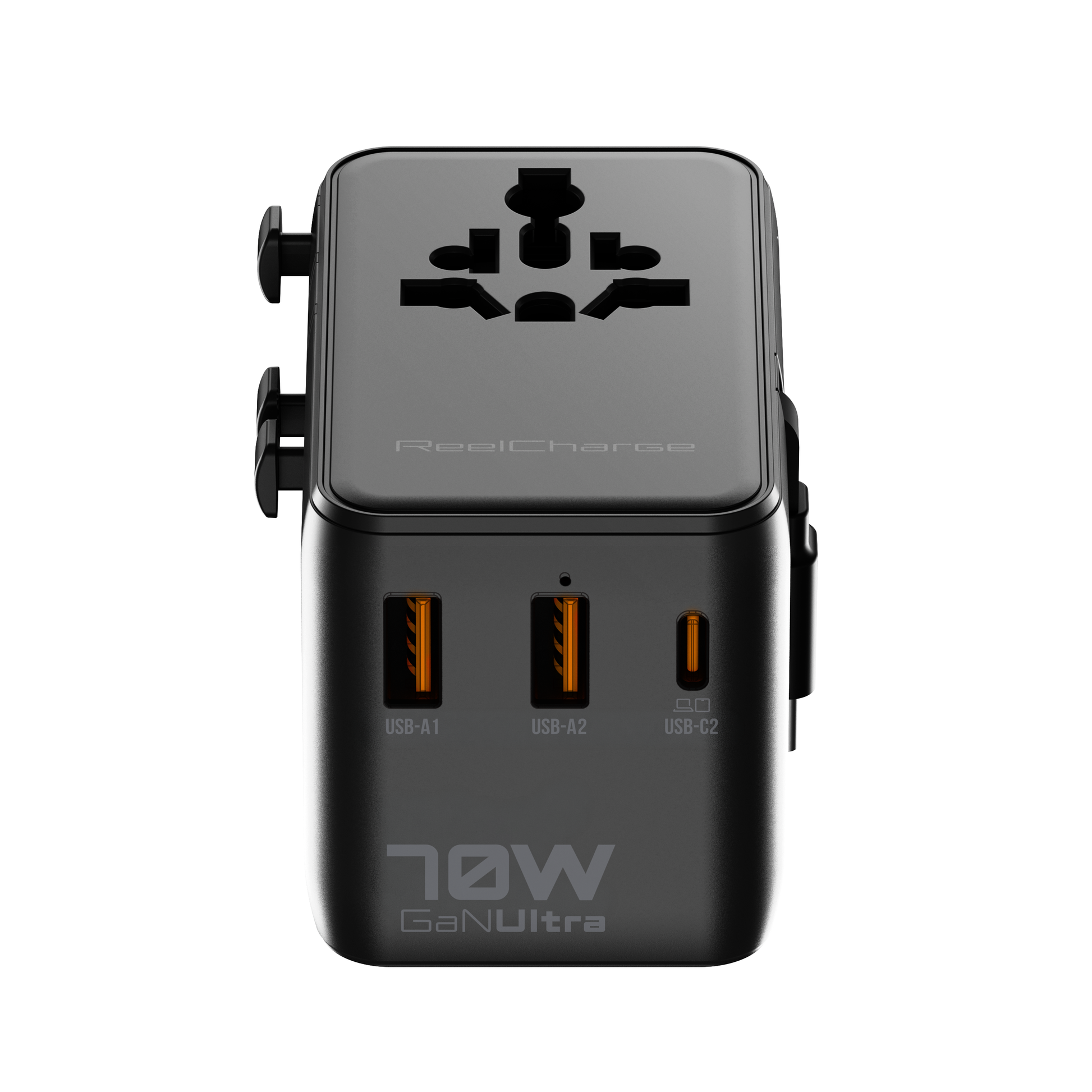 Top-down view of the ReelCharge 70W travel adapter showing the universal socket, two USB-A and one USB-C port