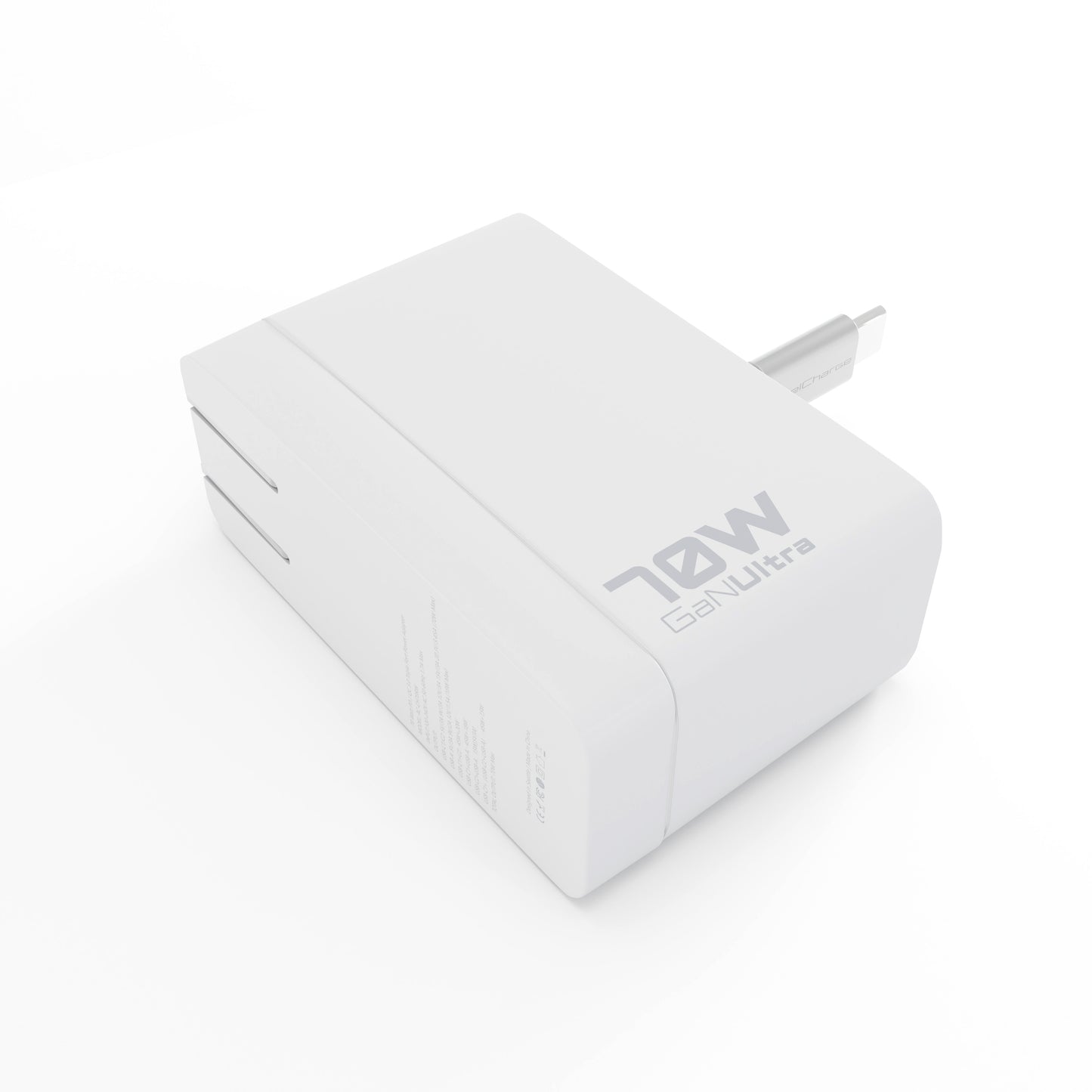 Angled view of the white ReelCharge 70W GaN Ultra wall charger