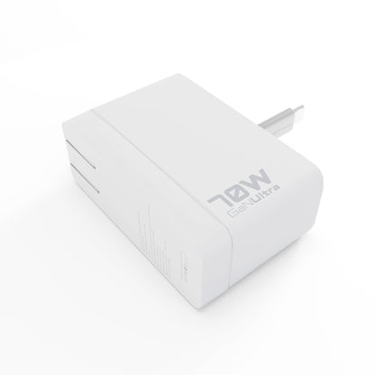 Angled view of the white ReelCharge 70W GaN Ultra wall charger