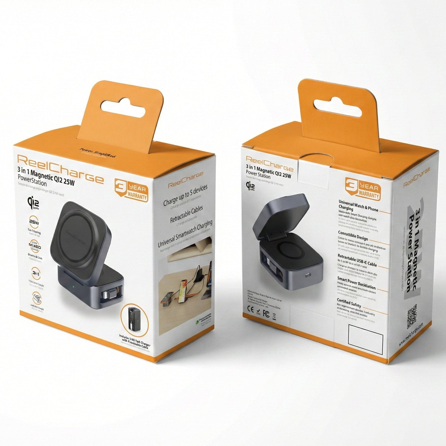 Retail packaging for the ReelCharge 3-in-1 Magnetic Qi2 25W power station, front and back