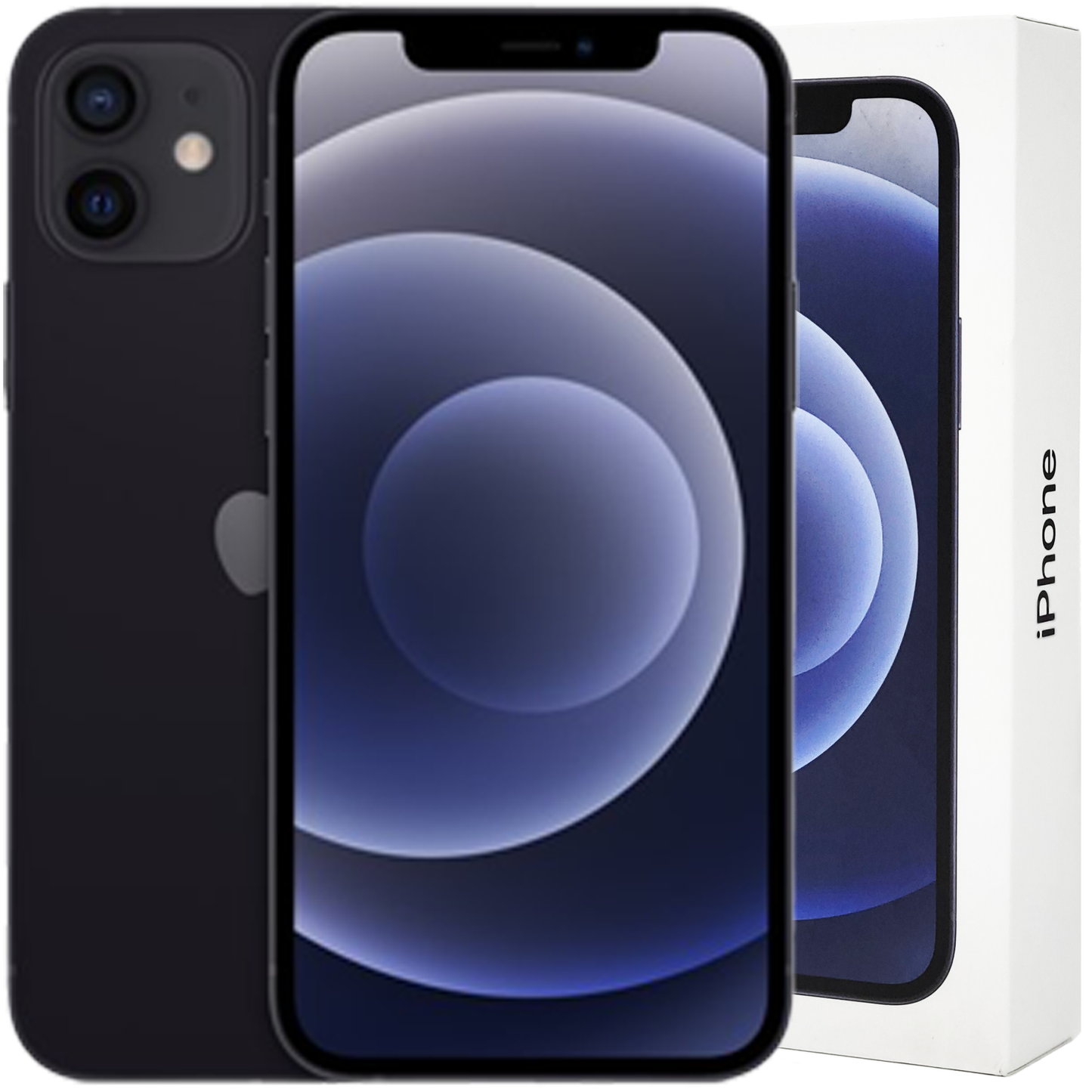 Apple iPhone 12 in Black showing the dual 12MP camera, Super Retina display, and white Apple retail box