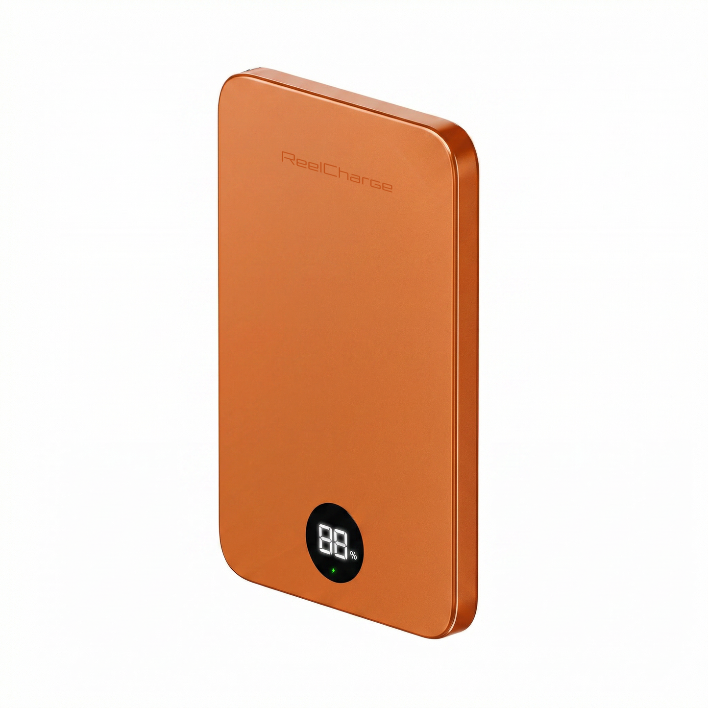 Angled view of the orange ReelSafe 5,000 mAh power bank with the LED display lit