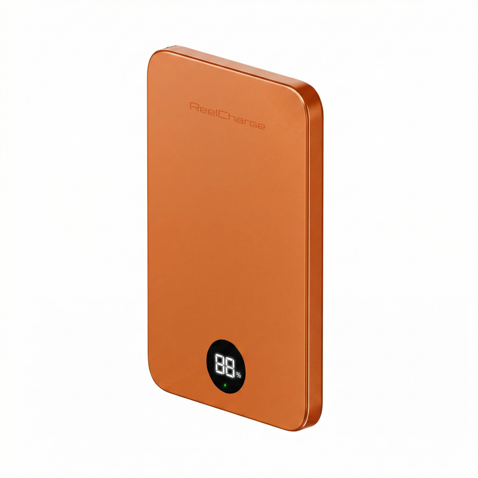 Angled view of the orange ReelSafe 5,000 mAh power bank with the LED display lit