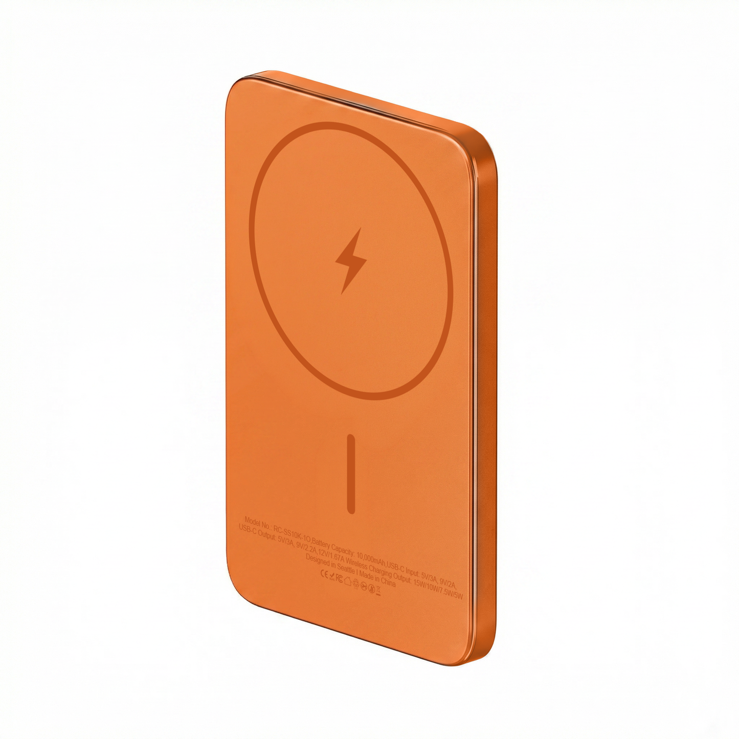 Rear view of the orange ReelSafe 5,000 mAh power bank showing the magnetic charging ring