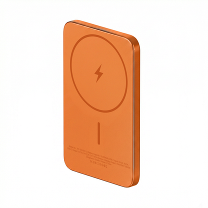 Rear view of the orange ReelSafe 5,000 mAh power bank showing the magnetic charging ring