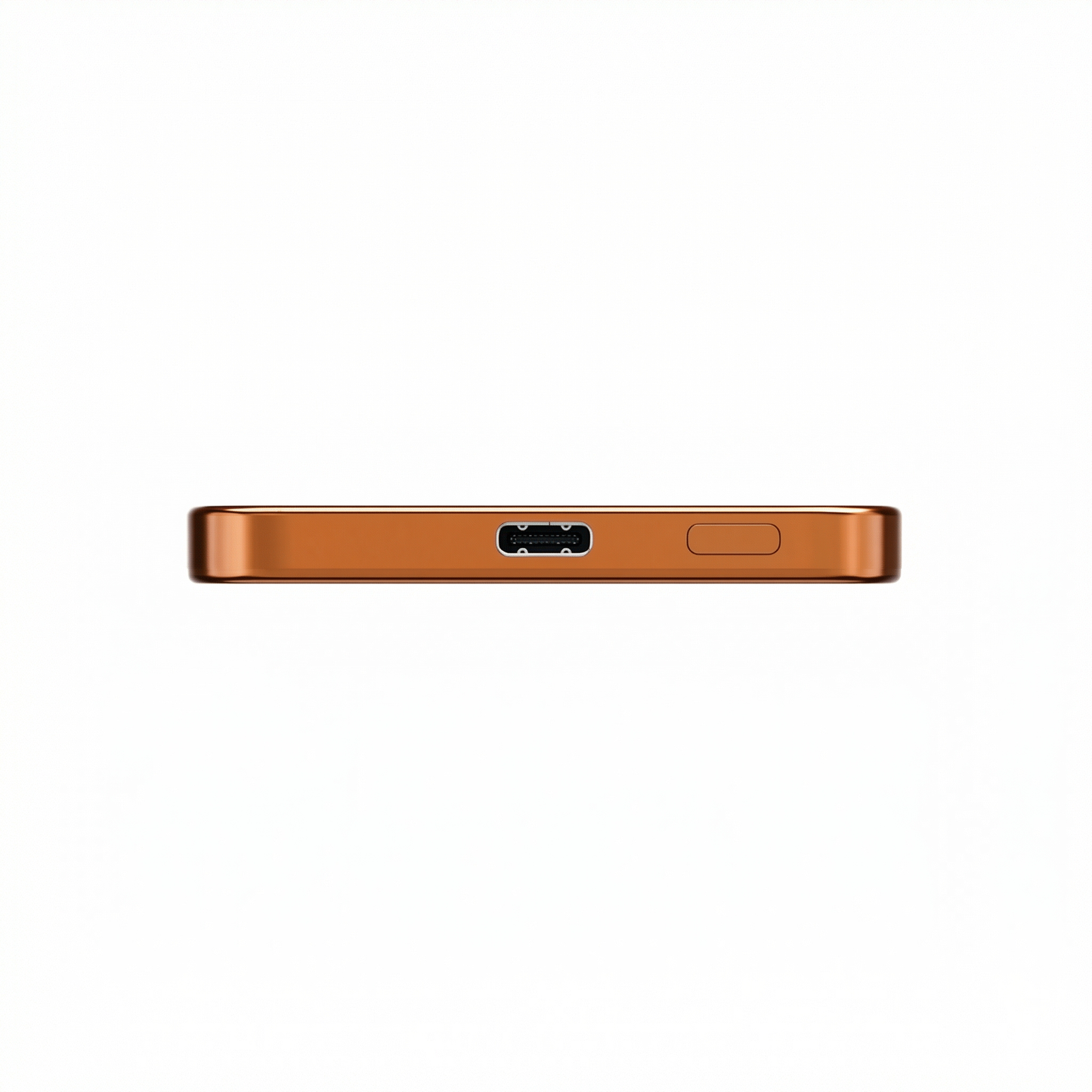 Edge view of the orange ReelSafe power bank showing the USB-C port and power button