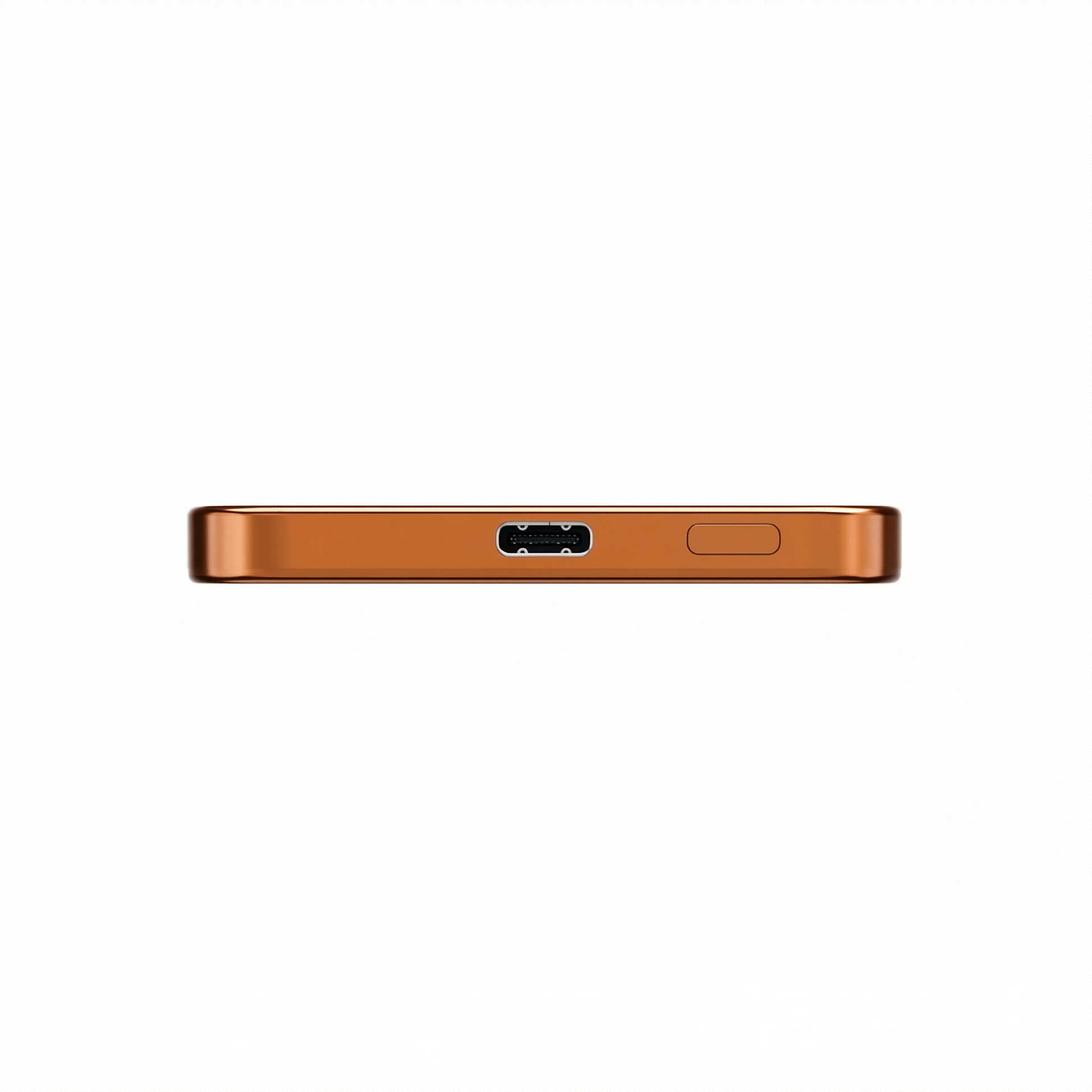 Edge view of the orange ReelSafe power bank showing the USB-C port and power button