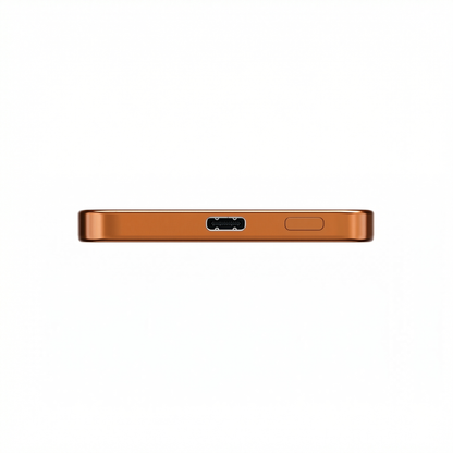 Edge view of the orange ReelSafe power bank showing the USB-C port and power button