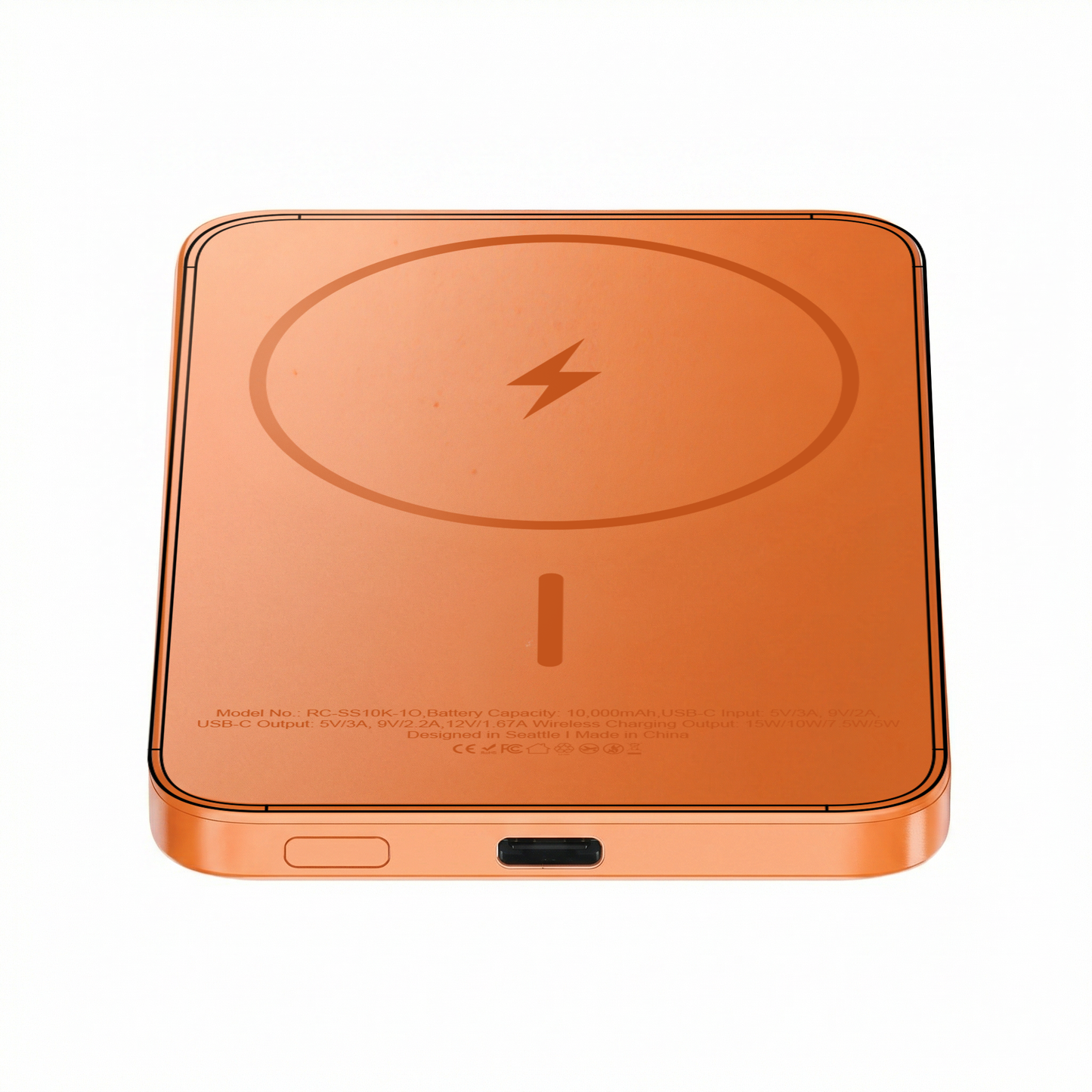 ReelSafe 5,000 mAh solid state wireless power bank in orange aluminum with the magnetic ring