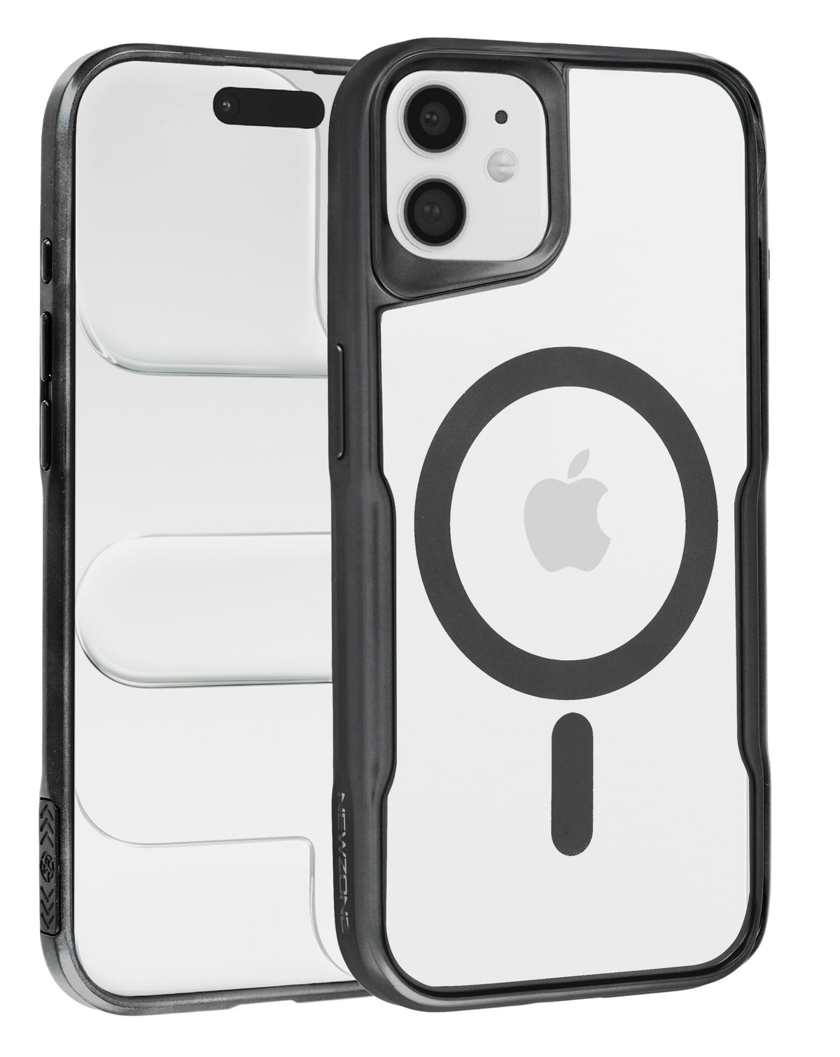 Glossy clear magnetic case with black frame for iPhone 11, back and front view showing the MagSafe ring