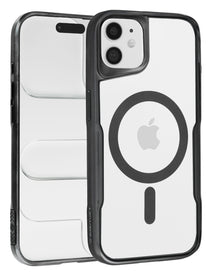 Glossy clear magnetic case with black frame for iPhone 11, back and front view showing the MagSafe ring