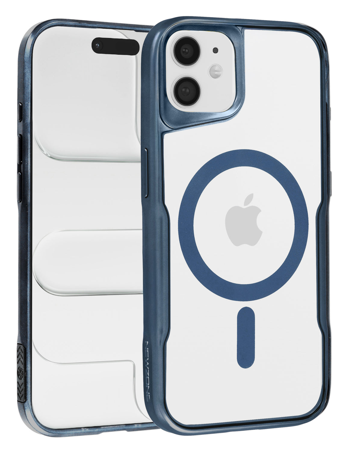 Glossy clear magnetic case with dark blue frame for iPhone 11, back and front view showing the MagSafe ring