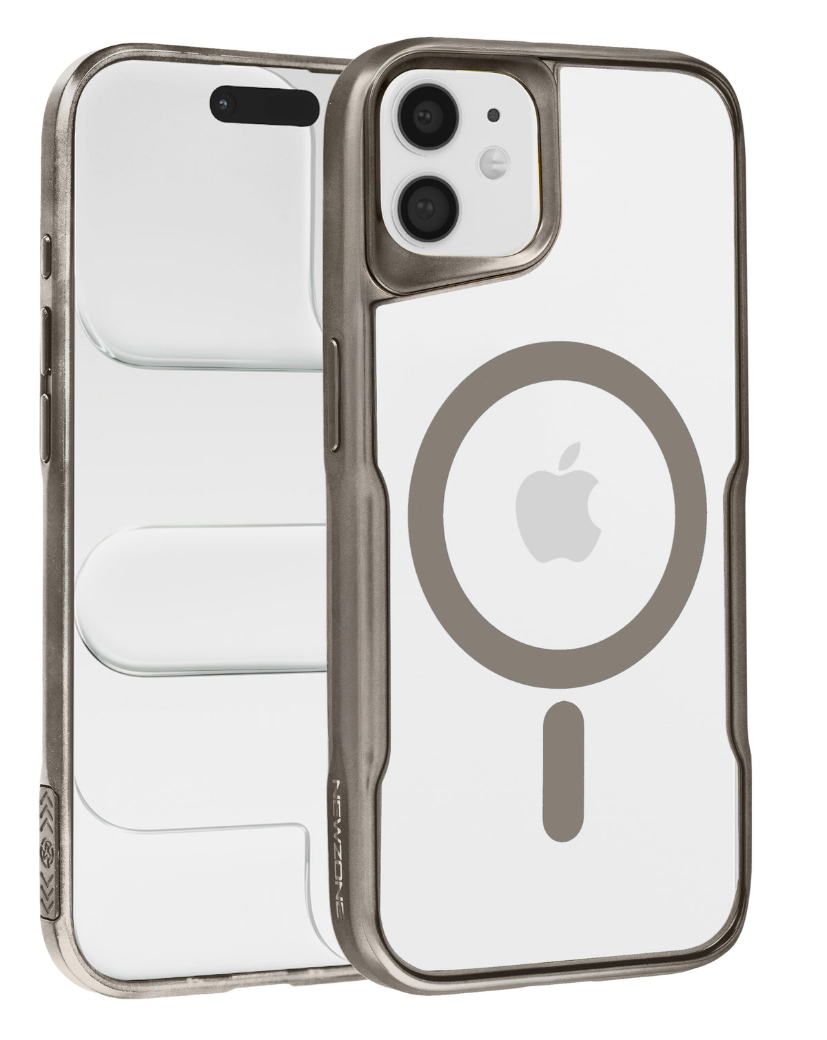 Glossy clear magnetic case with titanium frame for iPhone 11, back and front view showing the MagSafe ring