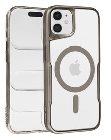 Glossy clear magnetic case with titanium frame for iPhone 11, back and front view showing the MagSafe ring