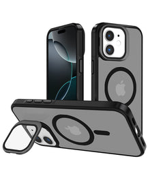 Slim matte translucent MagSafe case in black for iPhone 11, shown upright on its camera cover kickstand