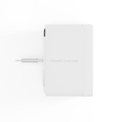 White ReelCharge 70W wall charger with the retractable USB-C cable pulled out