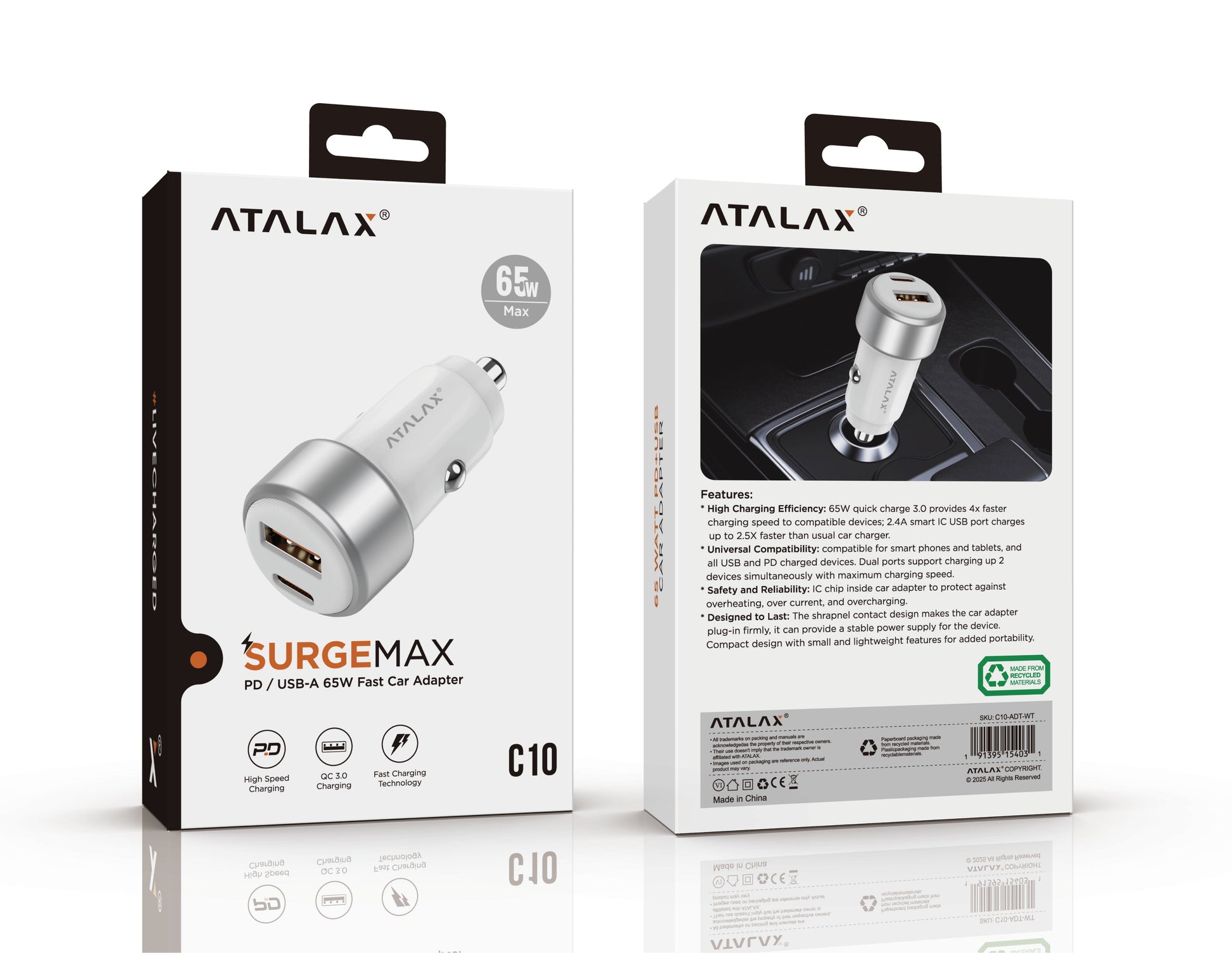 Atalax SurgeMax C10 65W Car Charger – USB-C + USB-A, White