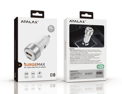 Atalax SurgeMax C10 65W Car Charger – USB-C + USB-A, White