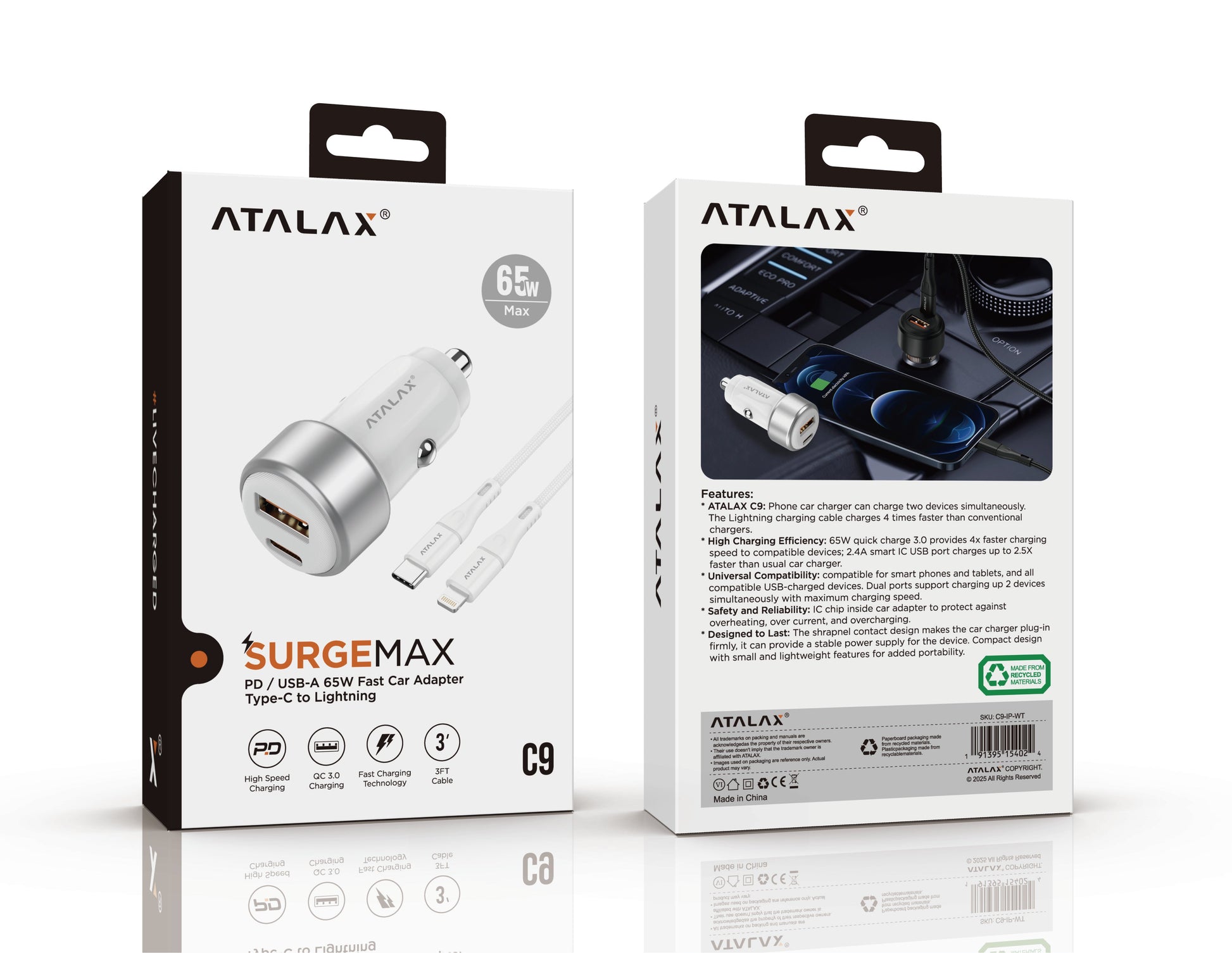 Atalax SurgeMax C9 65W Car Charger with 3ft Lightning Cable, White