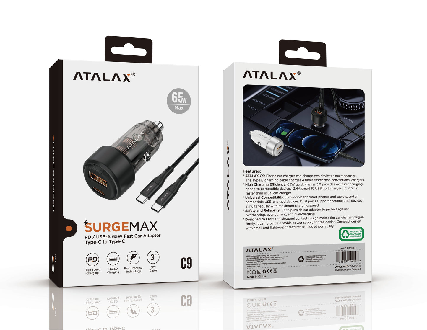 Atalax SurgeMax C9 65W Car Charger with 3ft USB-C Cable, Black