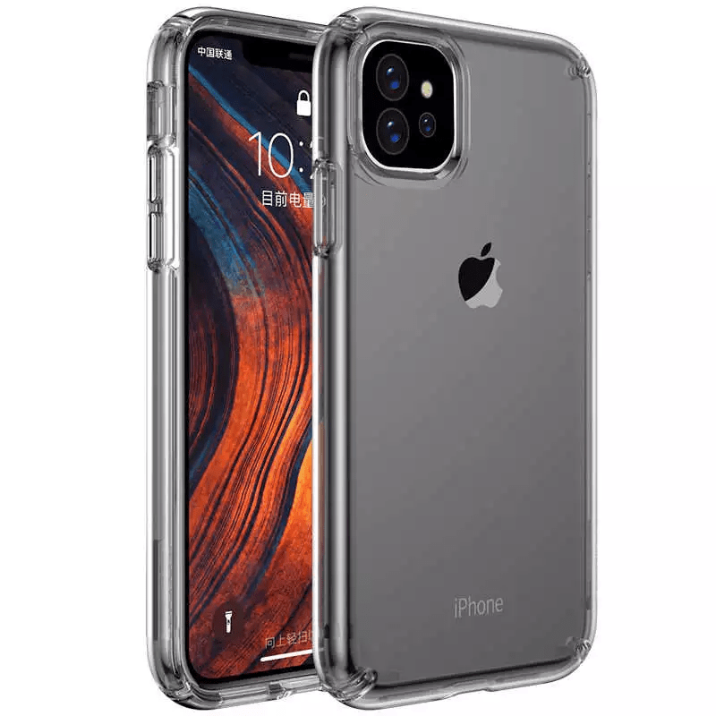 Clear hybrid case with air cushion corners for iPhone 11, front and back view