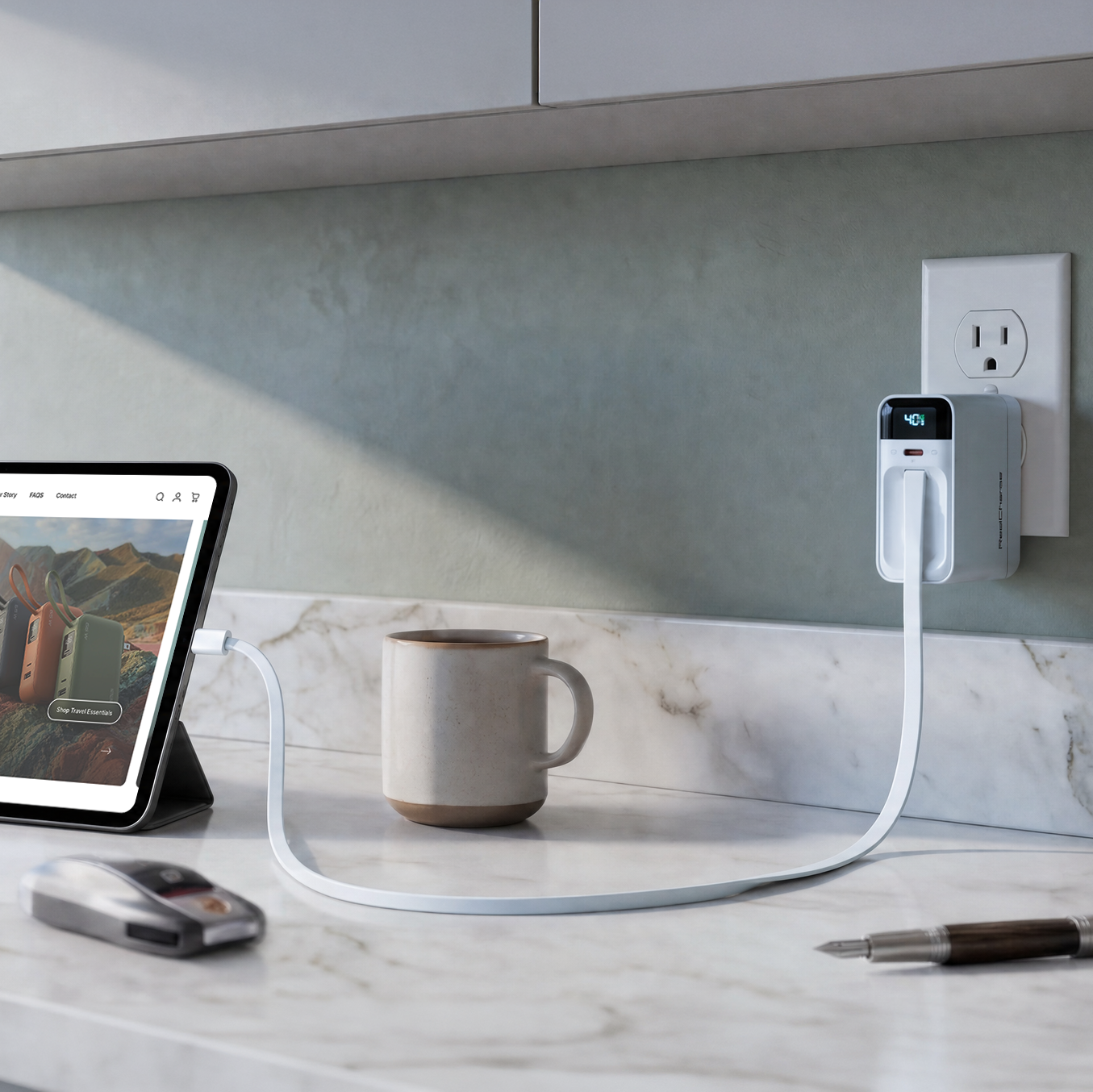 White ReelCharge 40W wall charger plugged into a kitchen outlet charging a tablet on the counter