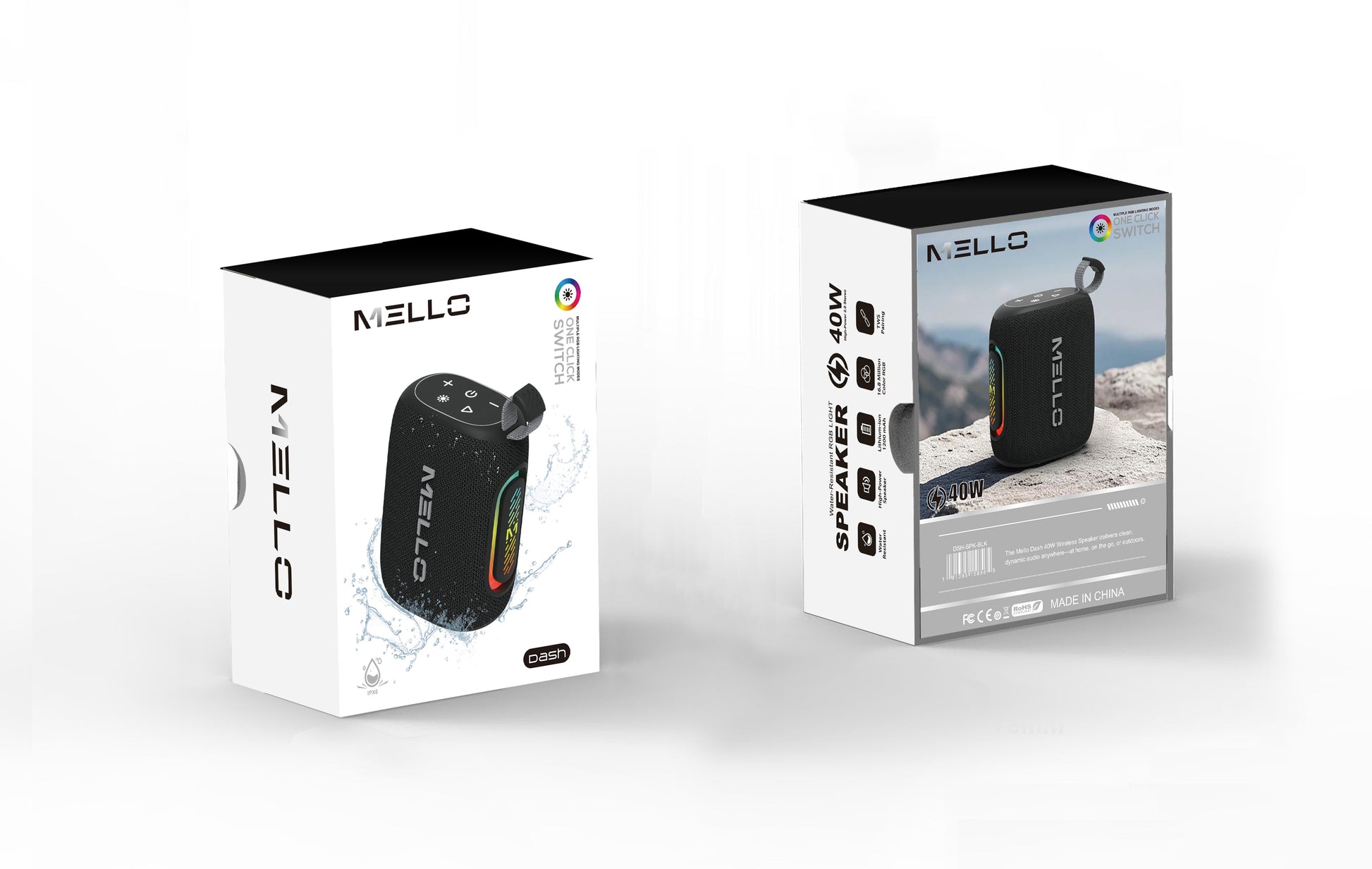 Retail packaging for the Mello Dash mini Bluetooth speaker in black with water splash graphic