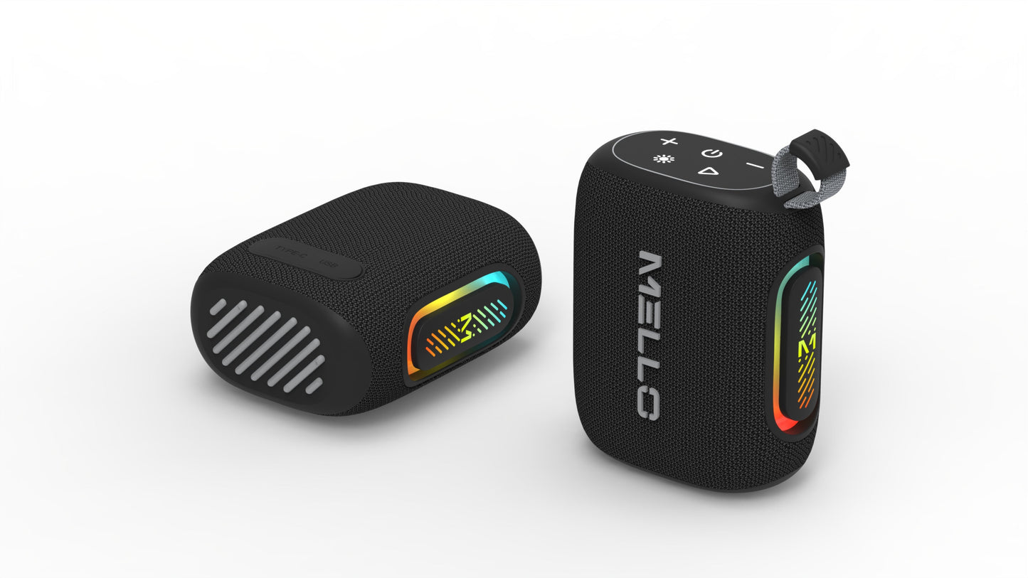 Two views of the black Mello Dash pocket Bluetooth speaker with RGB accent lighting
