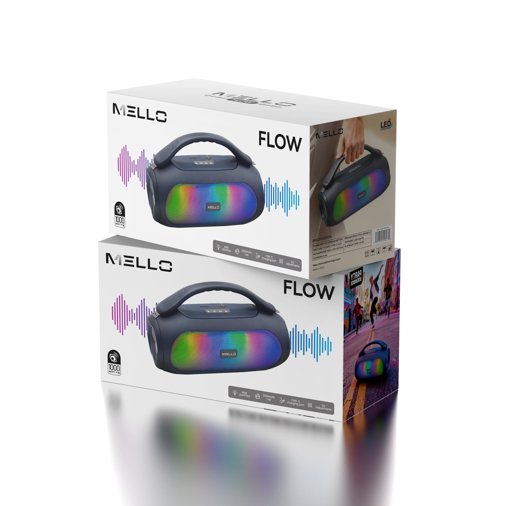 Retail packaging for the Mello Flow 1000W portable Bluetooth boombox speaker