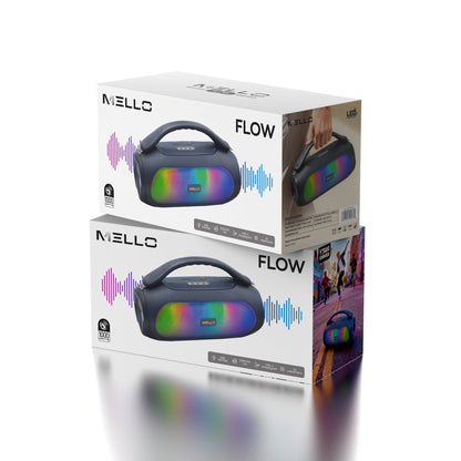 Retail packaging for the Mello Flow 1000W portable Bluetooth boombox speaker