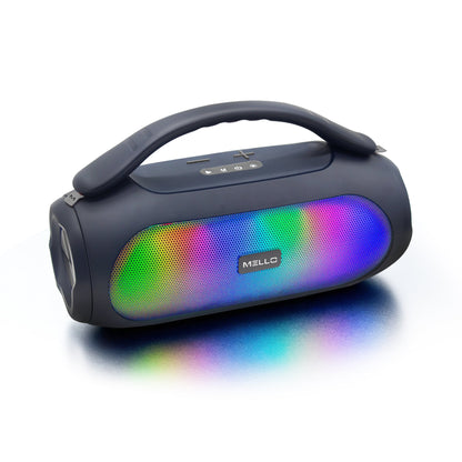 Mello Flow Bluetooth boombox with its full-face RGB light grille glowing in rainbow colors