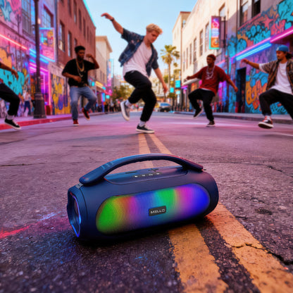 Mello Flow RGB boombox speaker on a street with breakdancers under neon lights