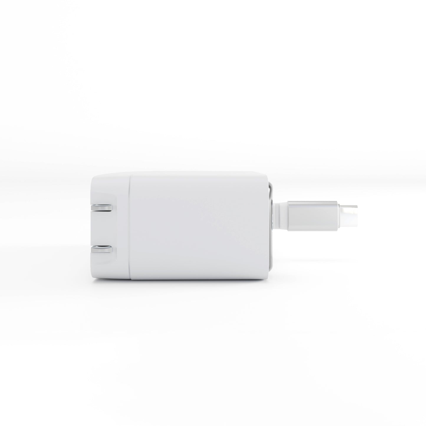 Side view of the white ReelCharge 70W wall charger with the USB-C cable extended