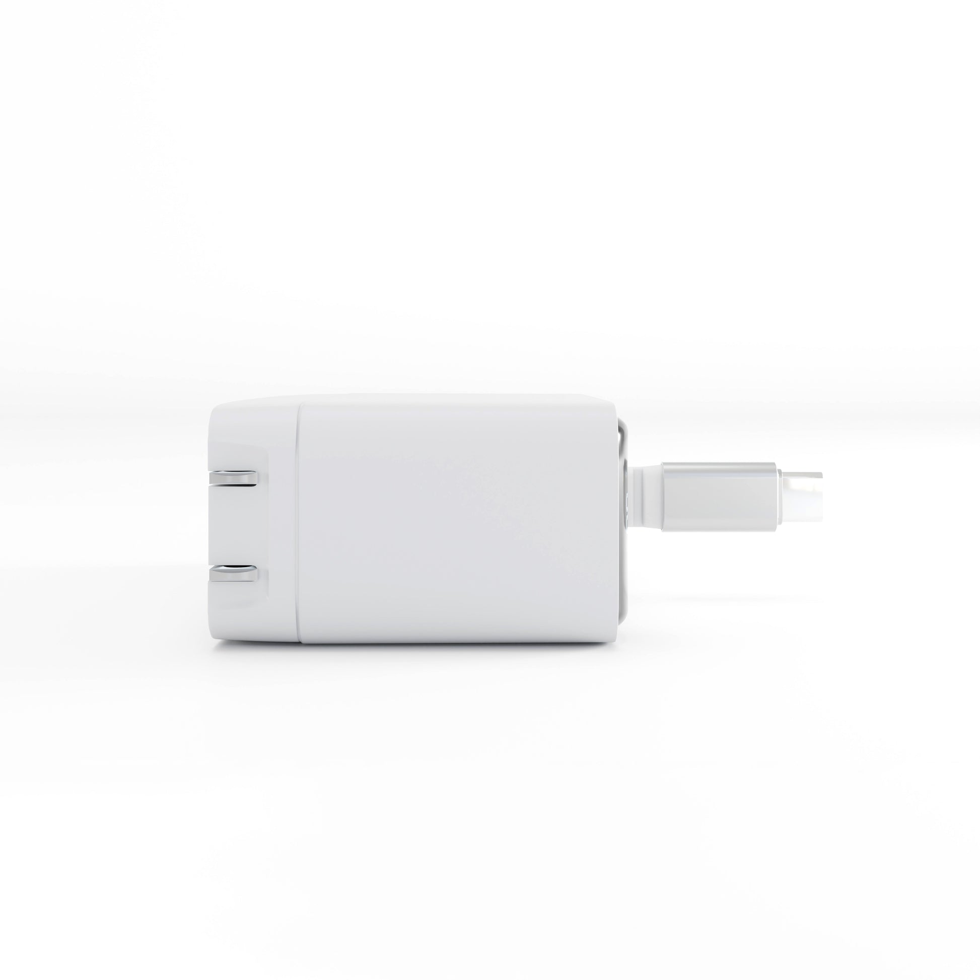 Side view of the white ReelCharge 70W wall charger with the USB-C cable extended