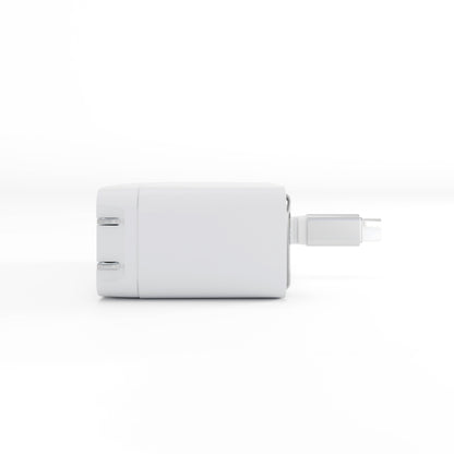 Side view of the white ReelCharge 70W wall charger with the USB-C cable extended