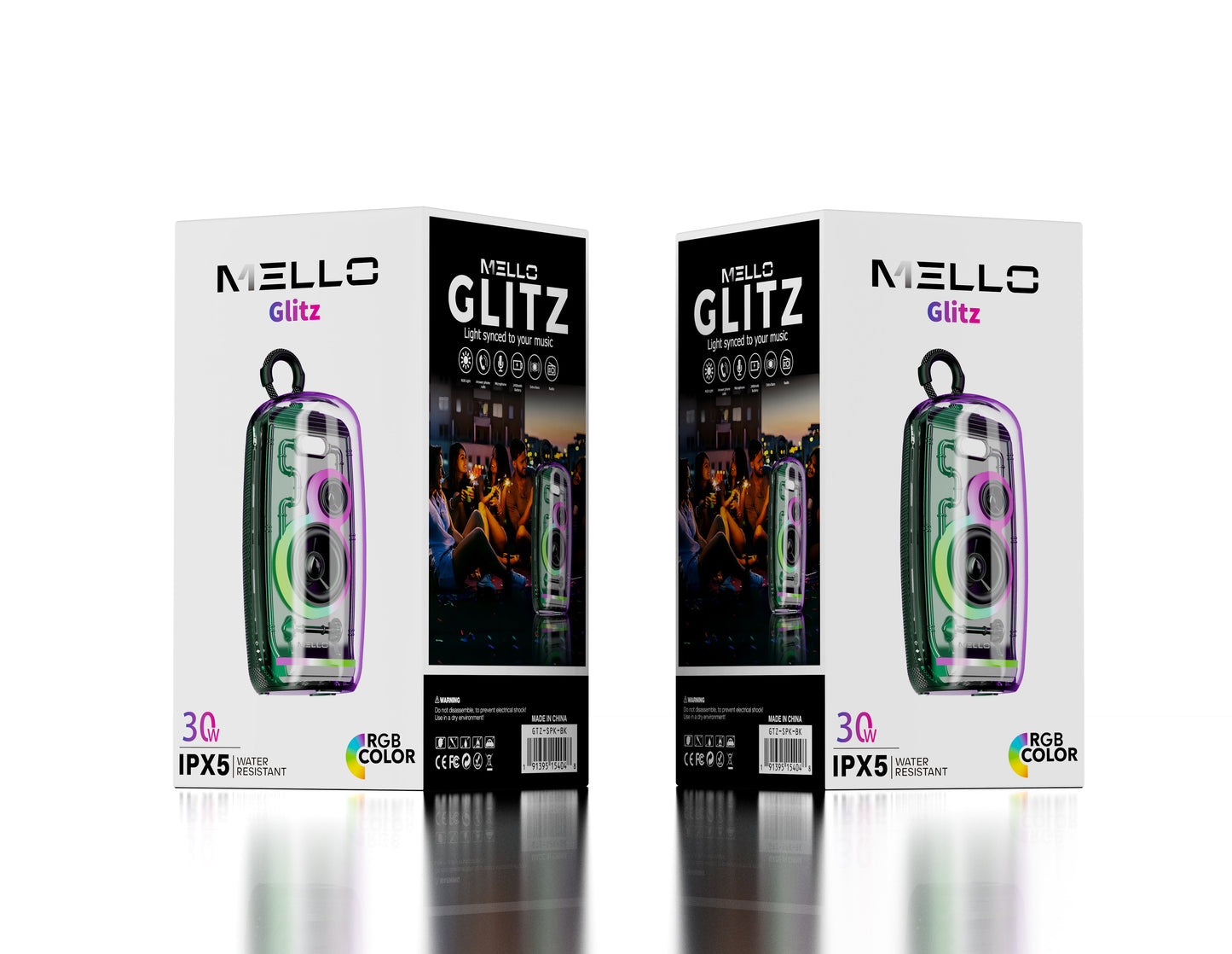 Retail packaging for the Mello Glitz 30W transparent RGB Bluetooth speaker