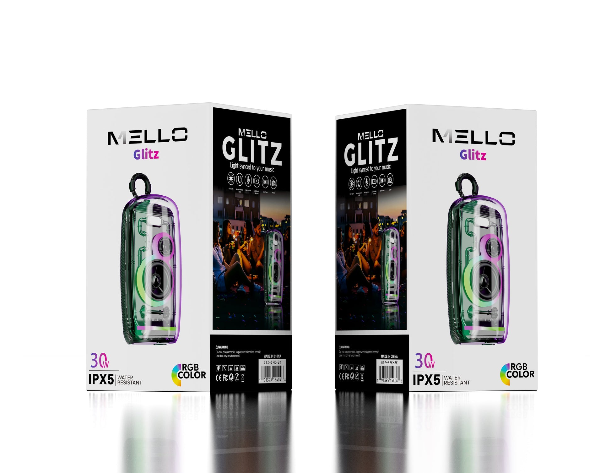 Retail packaging for the Mello Glitz 30W transparent RGB Bluetooth speaker