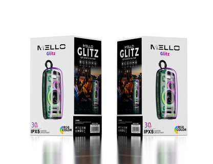 Retail packaging for the Mello Glitz 30W transparent RGB Bluetooth speaker