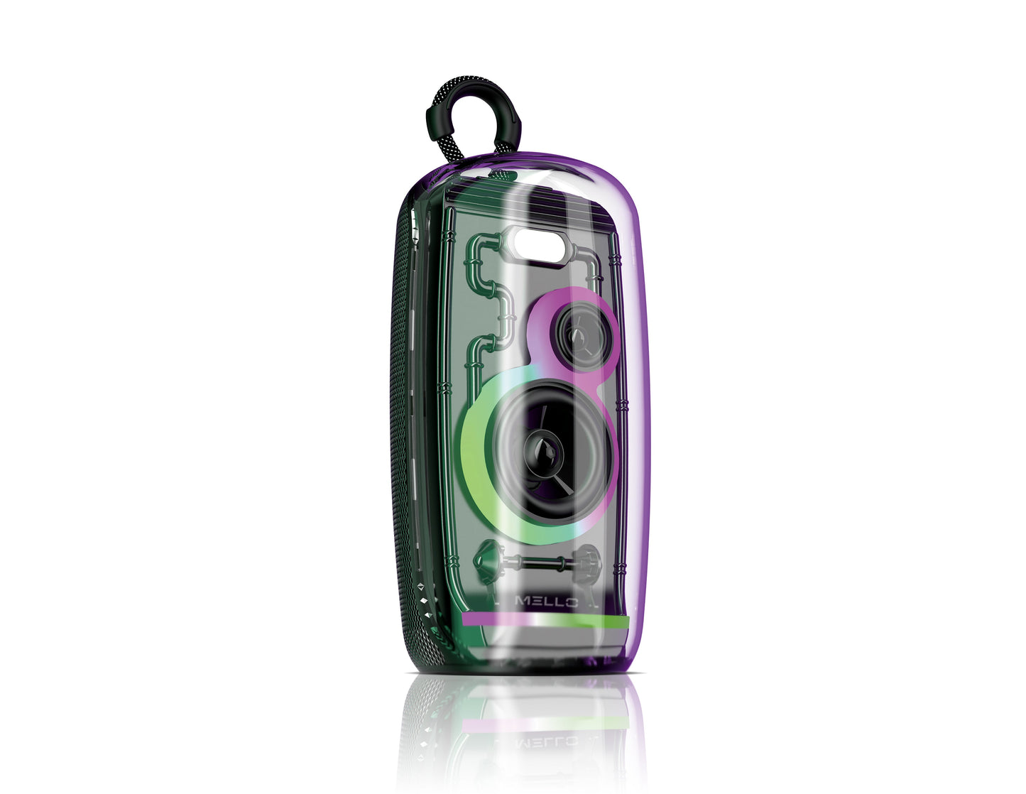 Mello Glitz see-through Bluetooth speaker with green and purple RGB lighting and carabiner loop