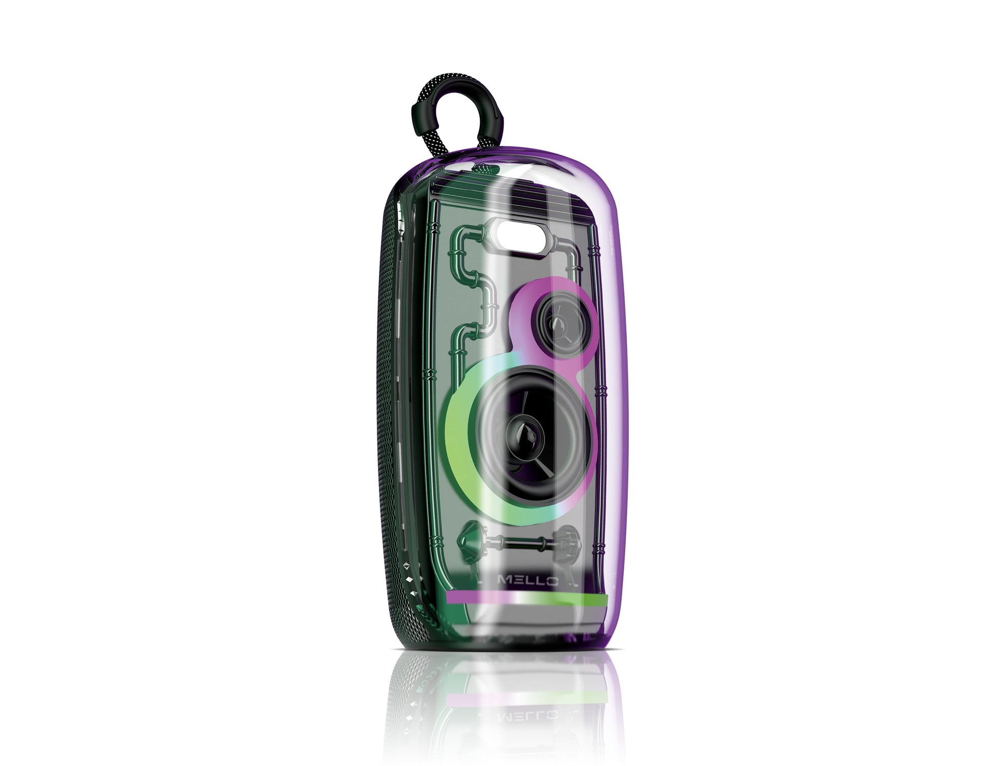 Mello Glitz see-through Bluetooth speaker with green and purple RGB lighting and carabiner loop