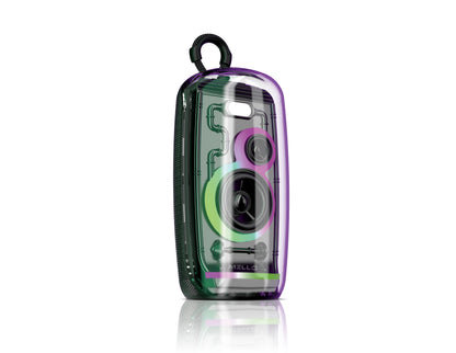 Mello Glitz see-through Bluetooth speaker with green and purple RGB lighting and carabiner loop