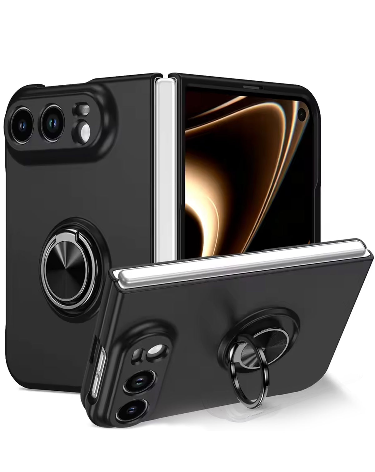 Black magnetic ring stand case for iPhone Duo, shown open on its ring stand