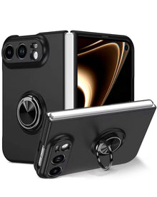 Black magnetic ring stand case for iPhone Duo, shown open on its ring stand