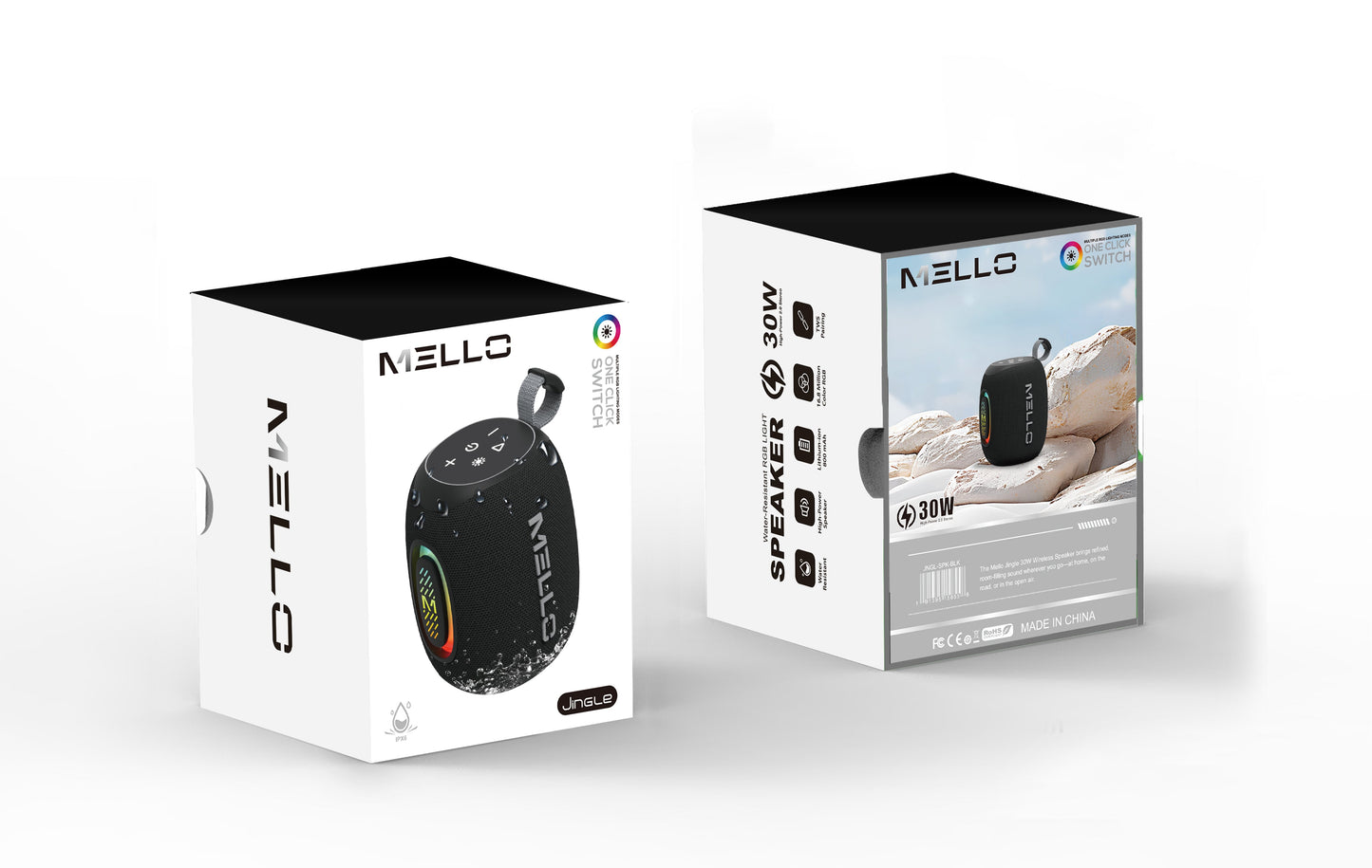 Retail packaging for the Mello Jingle 30W mini Bluetooth speaker in black