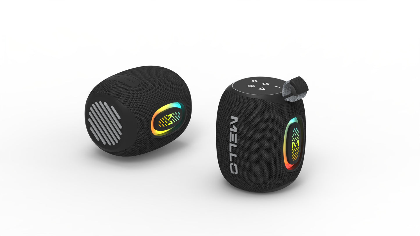 Two views of the black Mello Jingle pocket Bluetooth speaker with RGB accent lighting
