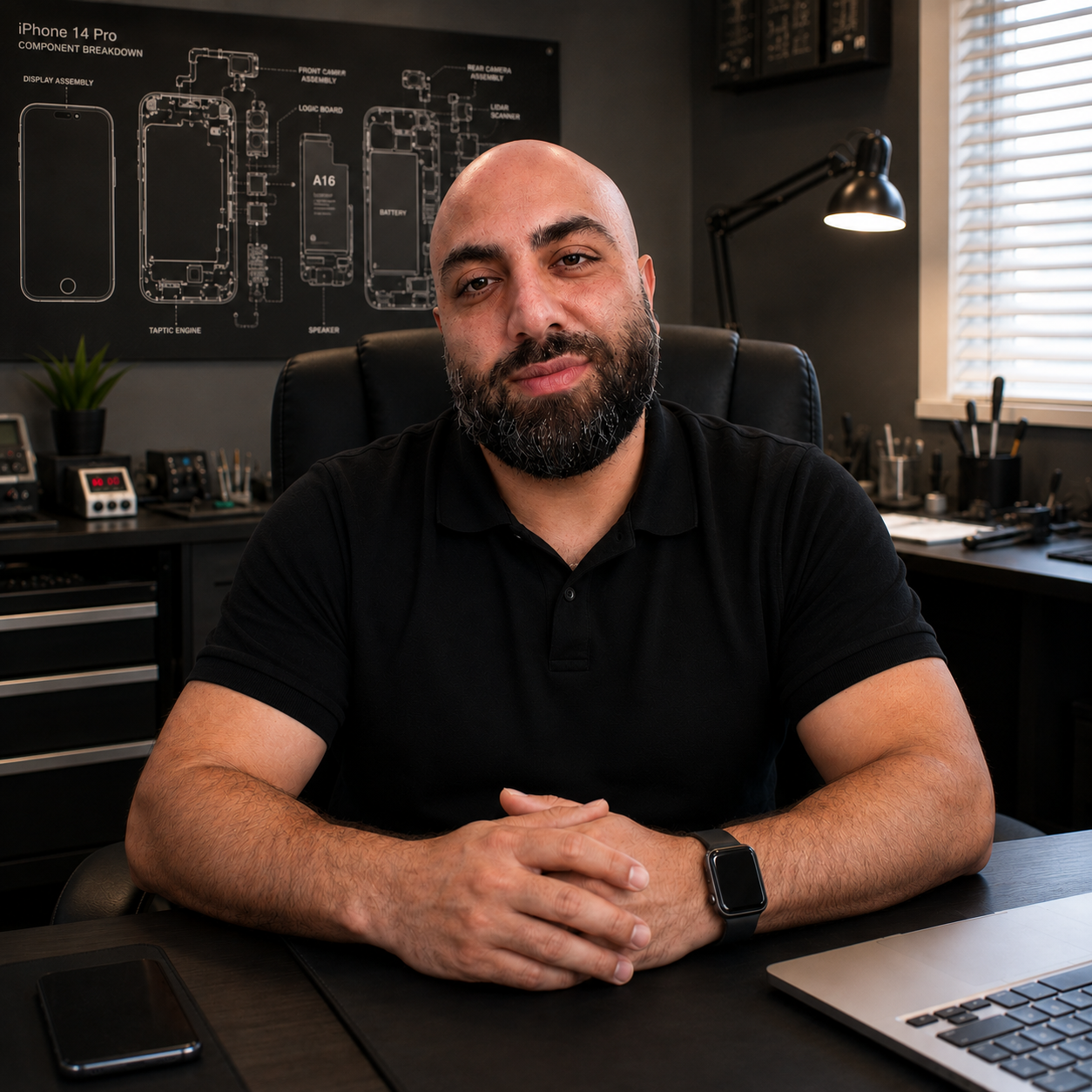 Technician at a repair desk with an iPhone 14 Pro component diagram on the wall