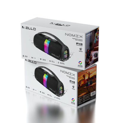 Retail packaging for the Mello Nomix 1500W IPX6 portable Bluetooth speaker