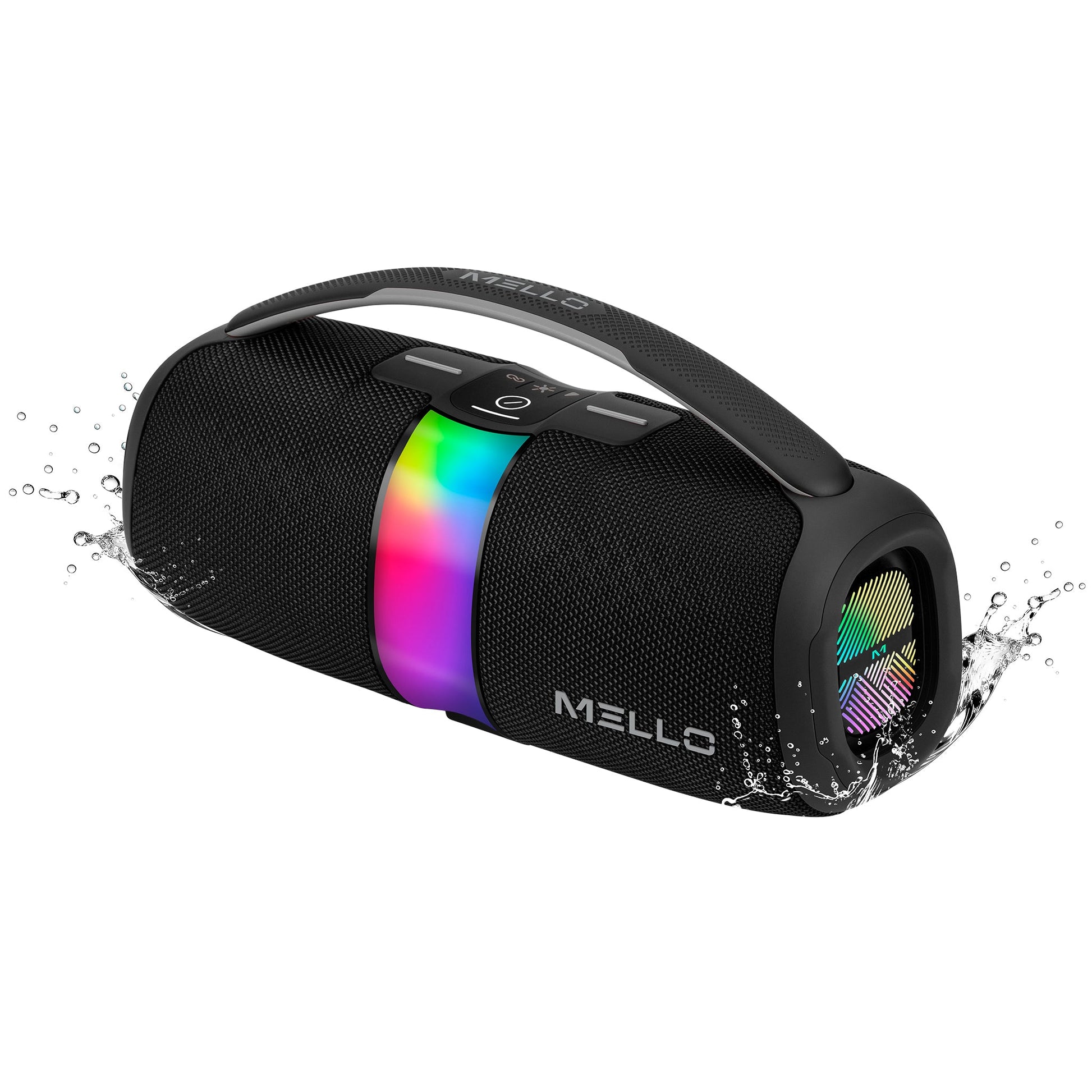Black Mello Nomix Bluetooth boombox with RGB center light bar and water splash